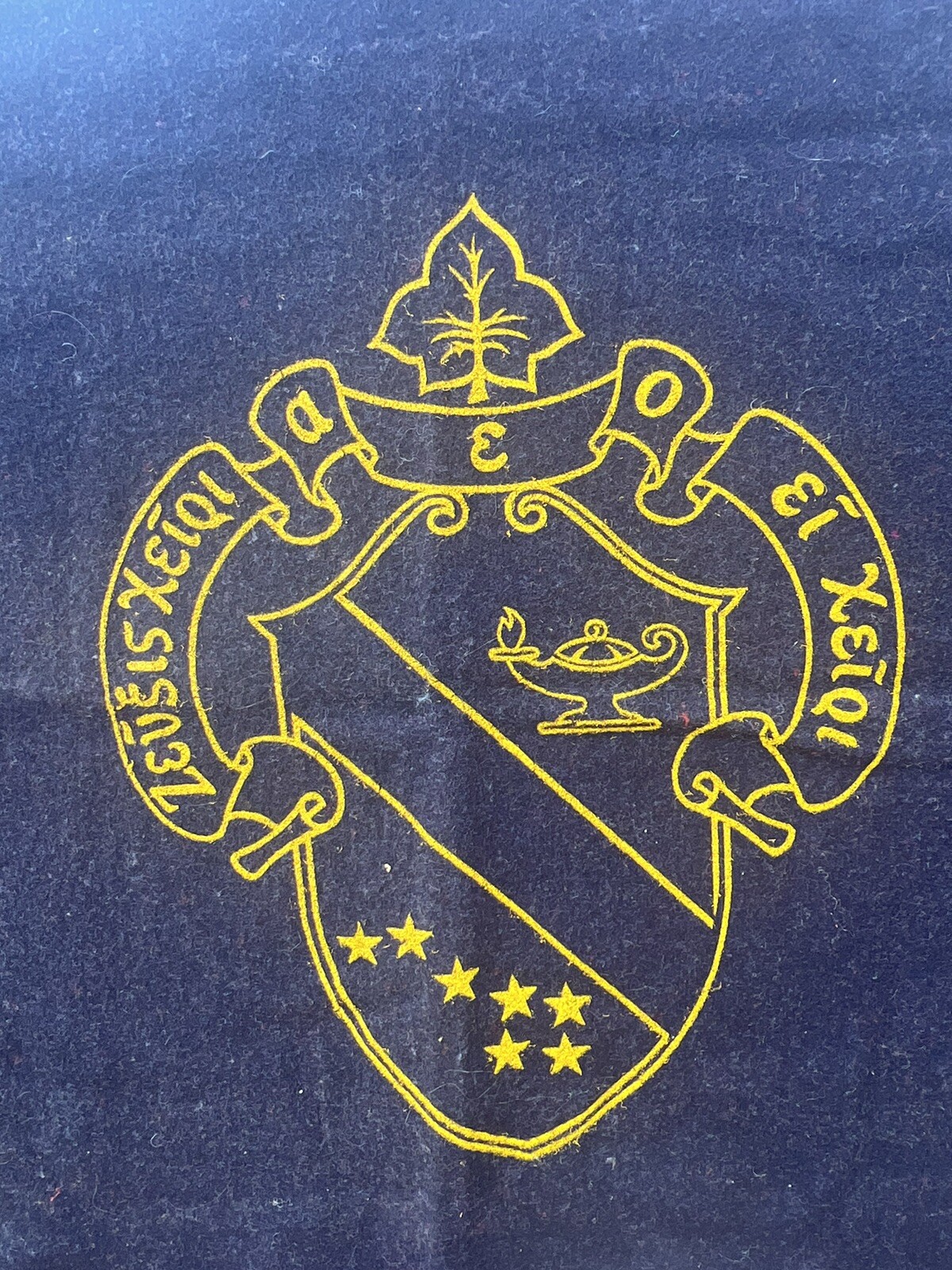VINTAGE BLUE BLACK WOOL WALL HANGING RUG W GREEK WRITING & CREST 63”x39” gallery