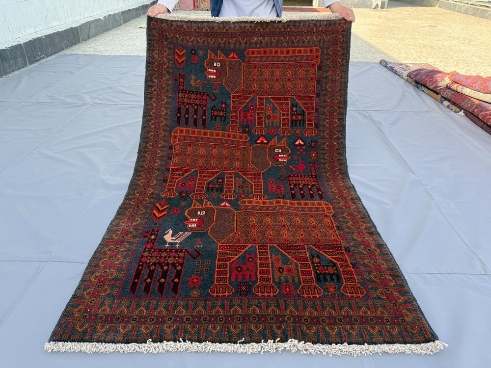 Blue Afghan Pictorial Animal Rug 3x5 Handmade Antique Persian Style Tribal Rug