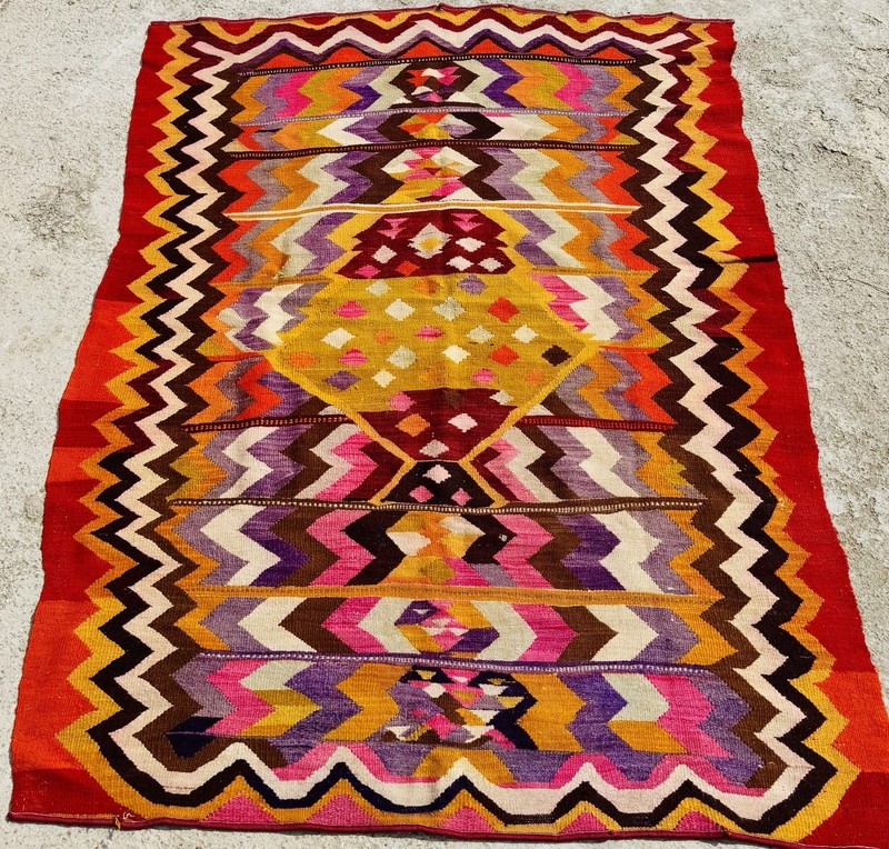 Vivid Vintage Handmade Wool Kilim Rug from Turkey - 113 cm x 150 cm gallery