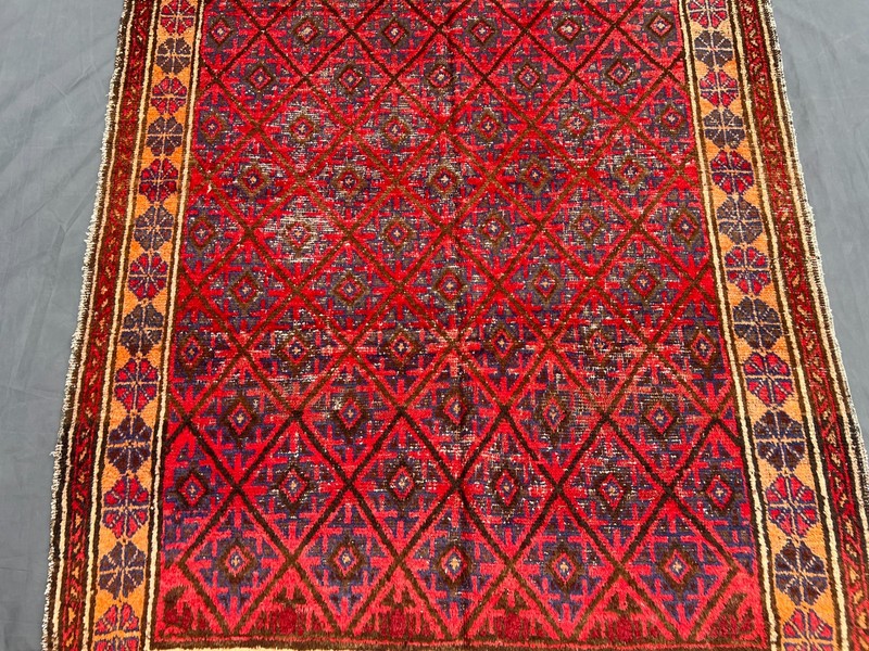 Vintage Caucasian Rug 4'9x7'9 Red Hand Knotted Distressed Low Pile Tribal Carpet gallery