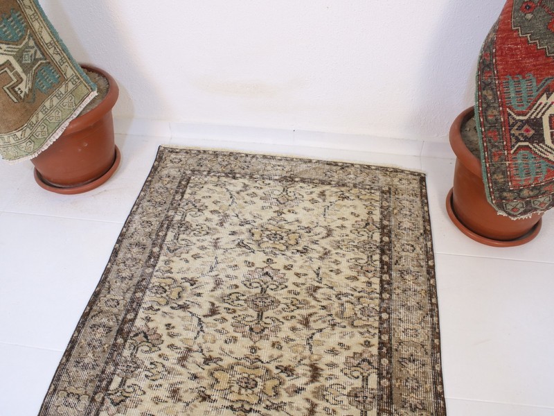 3x6 Beige Brown Accent Rug, Handmade Turkish Rug, Vintage Floral Muted, 3.0x6.1 gallery