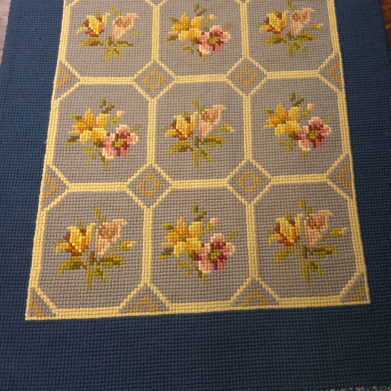 Vintage Needlepoint Floral Runner Rug Navy Blue Wool Lattice 53x28 Cottage Style gallery
