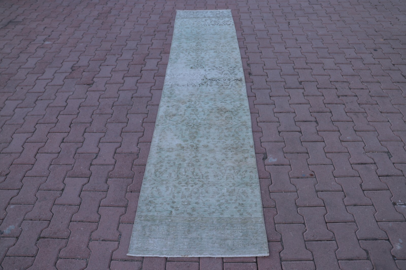 Mint Green Wool Runner Rug Anatolian Vintage Hand Knotted Oriental Carpet 2x10ft gallery