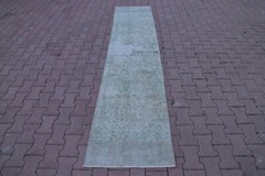 Mint Green Wool Runner Rug Anatolian Vintage Hand Knotted Oriental Carpet 2x10ft