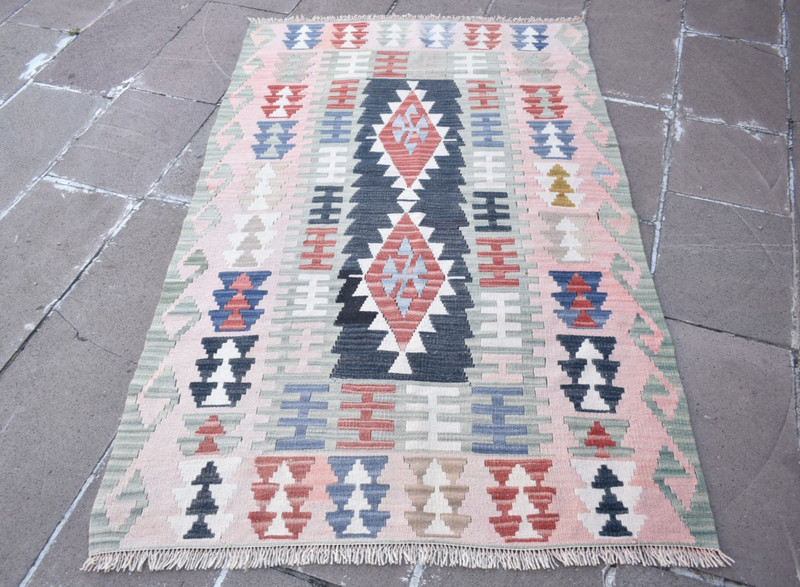Vintage Turkish Rug 43'' x 67'' Flat Woven Rug Faded Colors Kayseri Wool Rug gallery