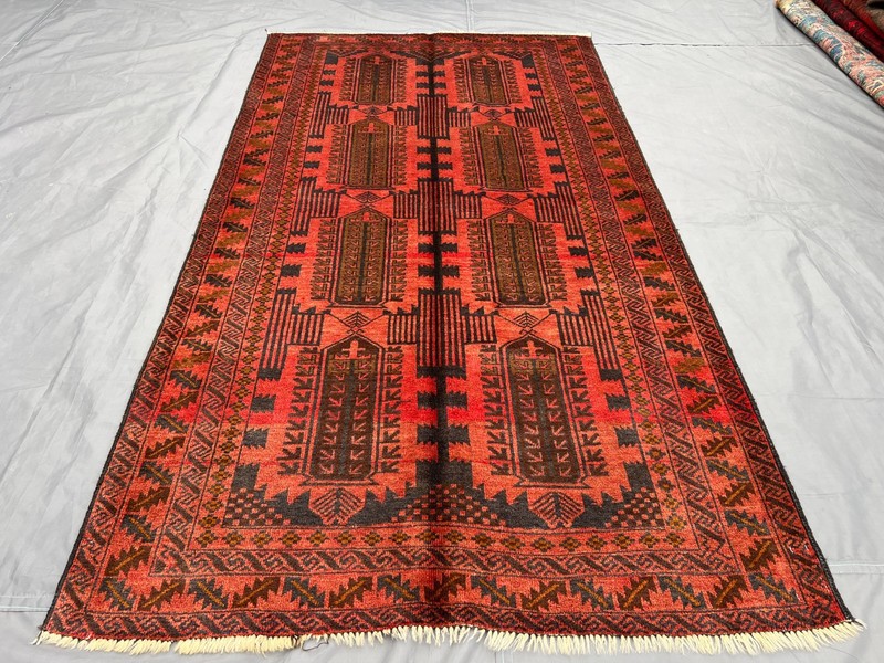 3'6x6'3 ft Vintage Afghan Baluchi Hand-Knotted Rug, Red & Black Geometric Rug gallery