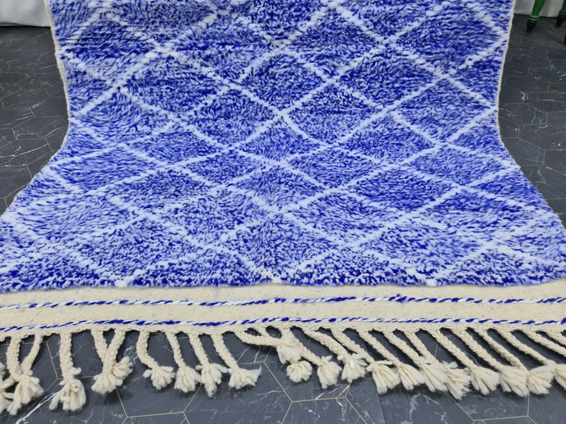 Moroccan Handmade Beni Ourain Rug 4'1"x6'2" Berber Geometric White Blue Carpet gallery