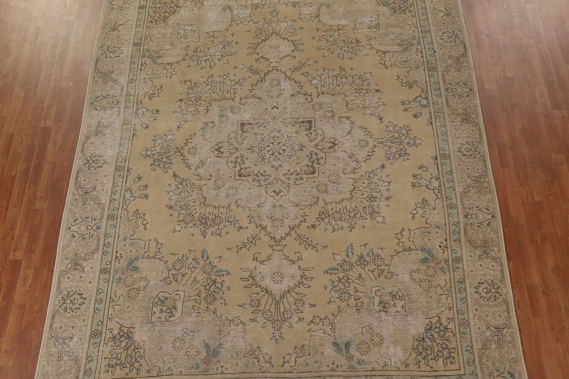 Vintage Muted Gold Tebriz Traditional Living Room Rug 9x12 Hand-made Wool Carpet gallery