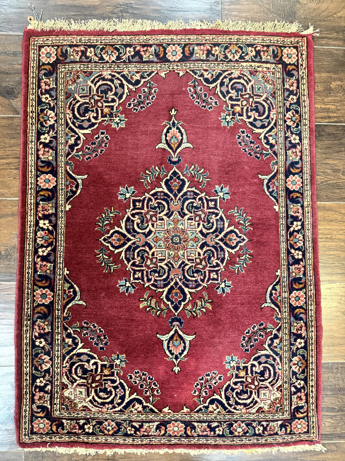 Small Per'sian Rug 2x3 Red Navy Blue Handmade Vintage Carpet Semi Open Field gallery