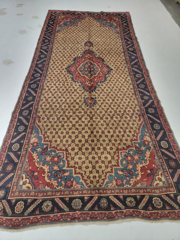 Antique Oriental Hand-Knotted Wool Runner Beige/Red/Blue 4'7" x 10' gallery