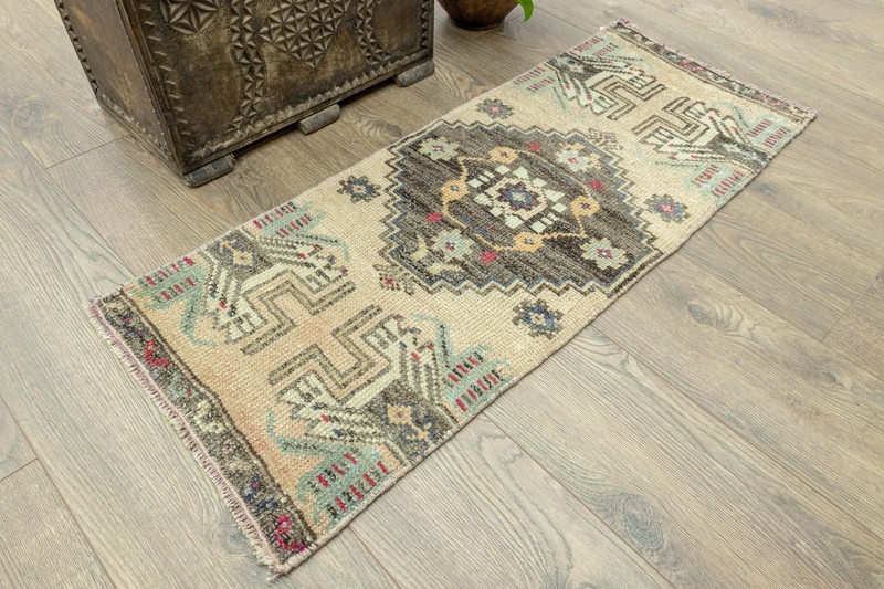 Turkish Oushak Mat 1'5x3'6 ft – Brown Sage Teal Wool Rug for Entry or Bathroom gallery