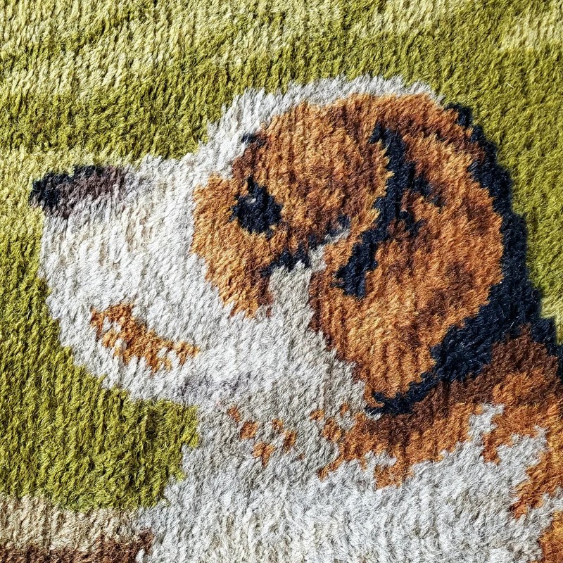 Vintage Cut Pile Wool Rug Dog In Garden Scene 4 Feet Long gallery