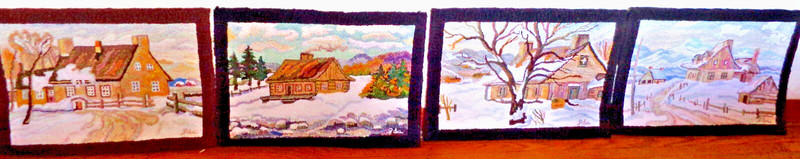 ANTIQUE 4 SIGNED QUEBEC SCENIC HANDHOOKED RUGS WOOL ON JUTE 14" X 20" EA PERFECT gallery