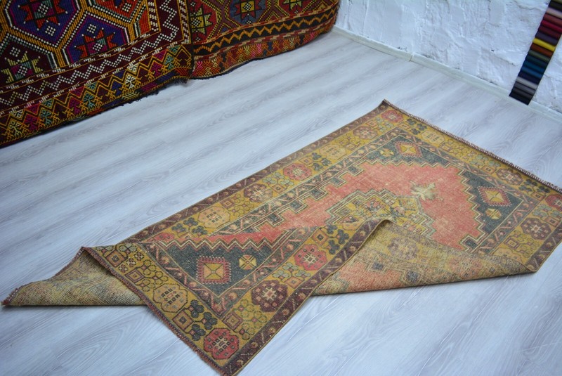 Red Faded Turkish Vintage Carpet, 3.7x6.5ft, Red Antique Geometric Handmade Rug, gallery