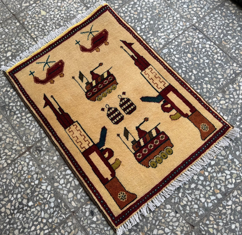 2x3 Afghan Hand Knotted War Rug Pictorial Military Tan Wool Carpet New gallery