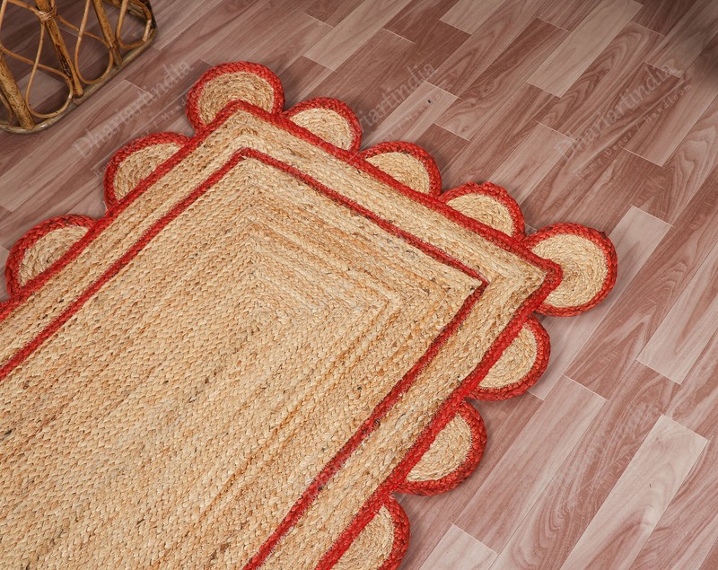Braided Scalloped Jute Rug, Red Scallop Rug, Boho Rug, Natural Jute Rug gallery