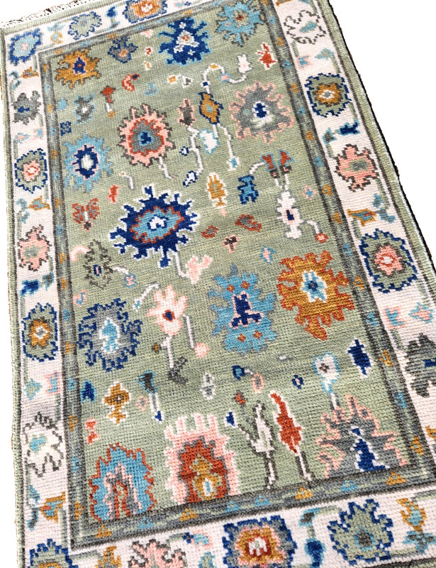 3'X 5' HAND-KNOTTED TURKISH OUSHAK TRIBAL VINTAGE WOOL muted green RUG gallery