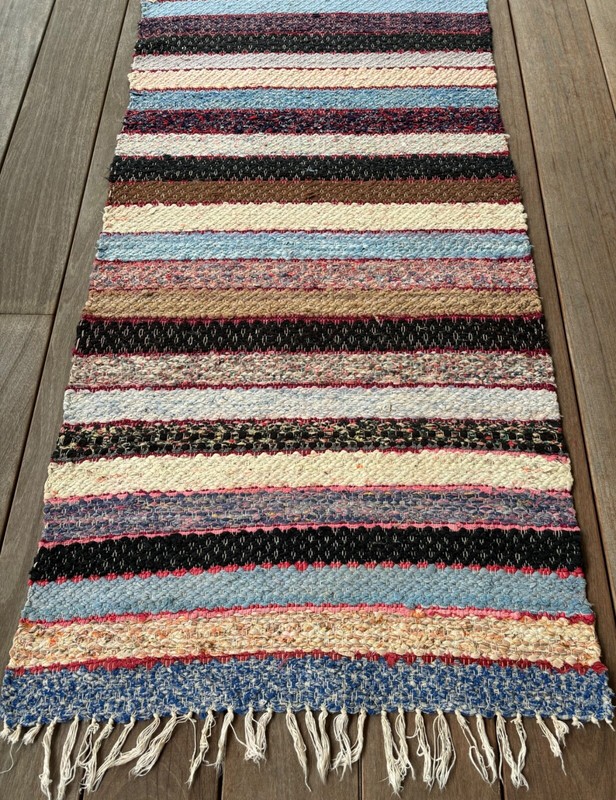 Scandinavian Style MCM Hand-knotted Rag Rug Pastels & Warm Stripes 93” x 25” gallery