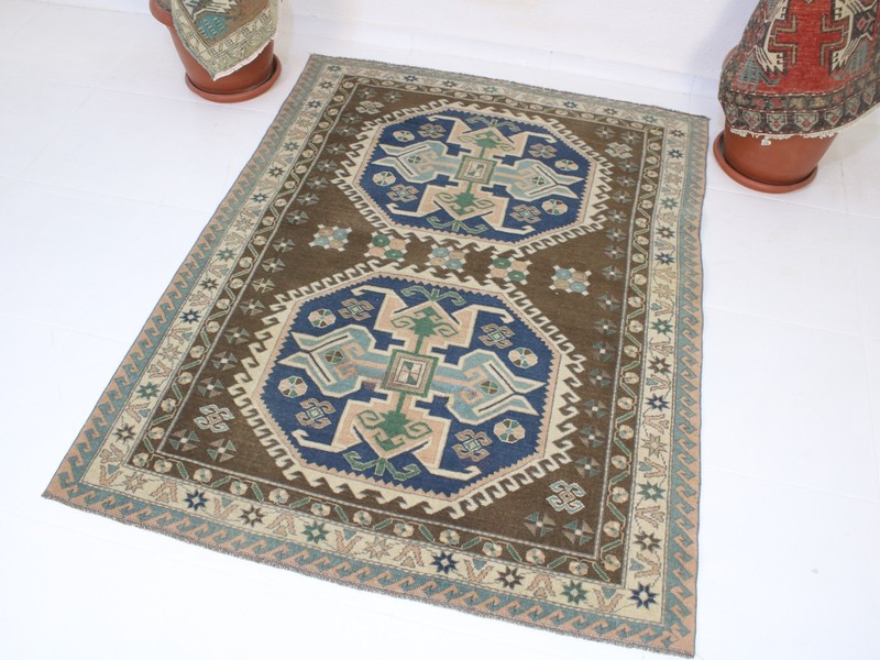 4x5 Turkish Handmade Area Rug Brown Blue Oriental Wool Rug 4.1x5.3 ft gallery