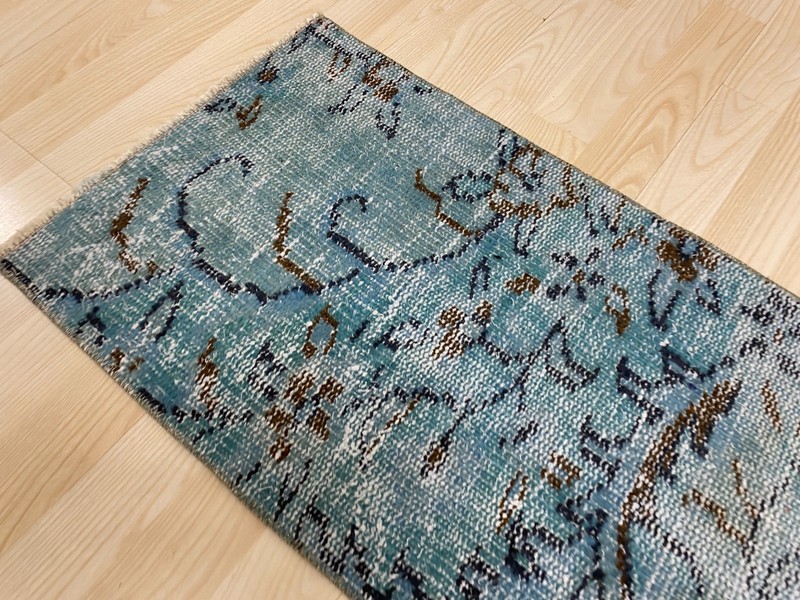 Antique Turkish Rug 1.3x2.5 ft Vintage Turquoise Overdyed Small Boho Mat Carpet gallery