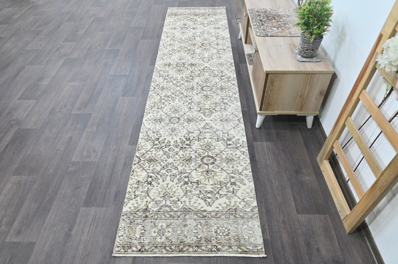Vintage Turkish Runner Rug 2x10ft BEIGE Handmade Anatolian Oushak Hallway Wool gallery