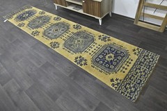 Vintage Turkish Runner Rug 3x12ft YELLOW Handmade Anatolian Oushak Hallway Wool