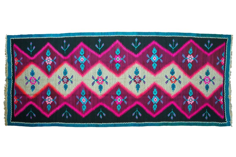 Oltenian Kilim Runner 100% Wool Geometric Purple Teal Pink 1970s Romania 13x6ft gallery