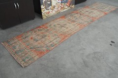 Vintage Wool Runner 2×11 ft, Turkish Long Norrow Runner, Soft Faded Carpet, 389