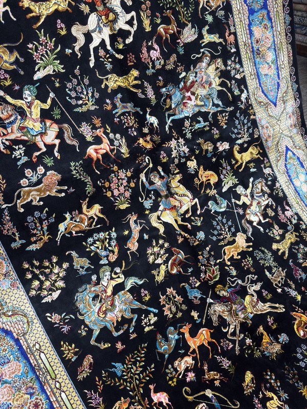 1.5x2.25m Pers,ian Q,u,m Shikargah Hunting Scene Rug Black Bamboo Silk Pictorial gallery