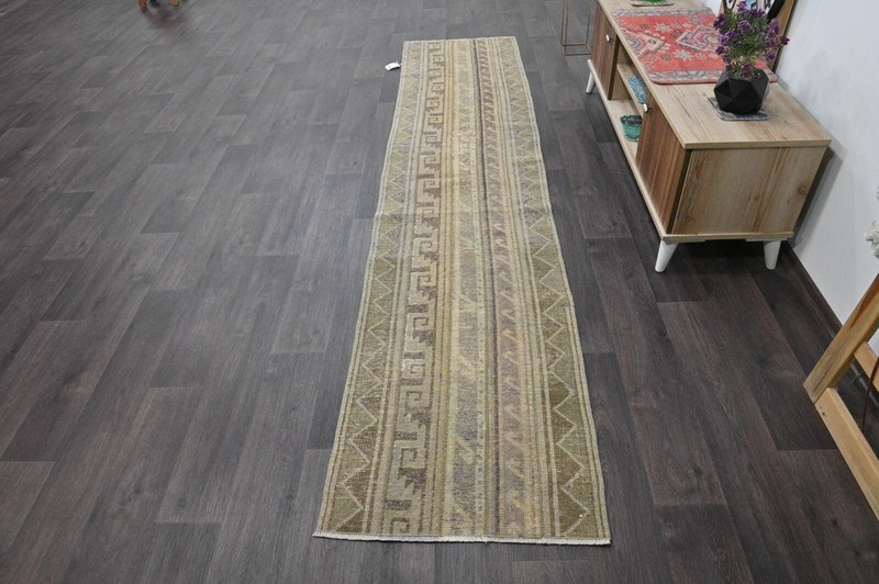 Vintage Turkish Runner Rug 2x10ft BEIGE Handmade Anatolian Oushak Hallway Wool gallery