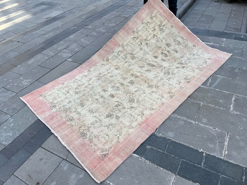 Vintage Oushak Rug 5x8 Turkish Handmade Wool Rug Pink Distressed Area Rug gallery