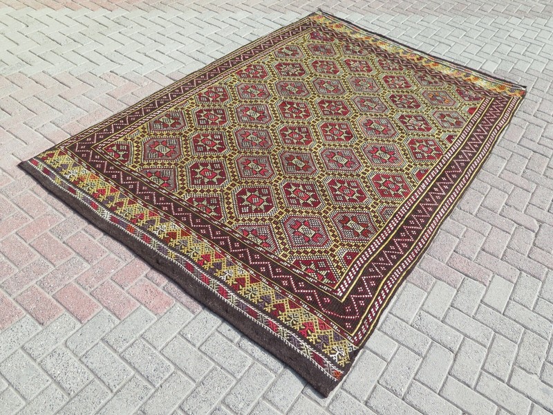 Area Rugs, Wool Rug, Boho Rug, Embroidery Rug, Vintage Turkish Kilim 74"x112" gallery