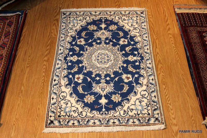 3x5 ft. Fine Quality Genuine NAIN Rug. Wool & Silk Beige Blue Border Rug #2HR gallery
