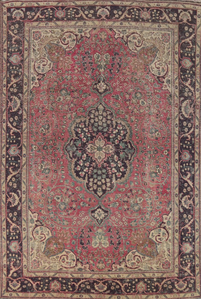 Floral Pink Distressed Traditional Vintage Area Rug Wool Handmade Rug 8x11 ft