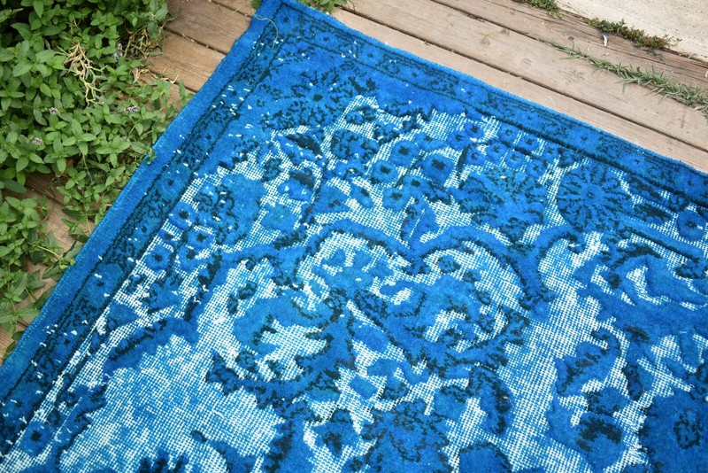Turkish Rug 5x9 Handwoven Oushak Rug 178x286cm Overdyed Wool Embossed Blue Rug gallery