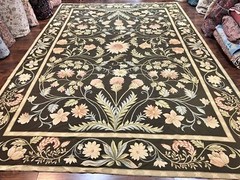 Large Needlepoint Rug 11×16 Dark Green Floral European Vintage Wool Handmade