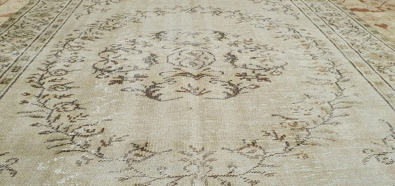 Rare Antique 1930-1939s Wool Pile Sage Green Dye Distressed Oushak Rug 6x8ft gallery
