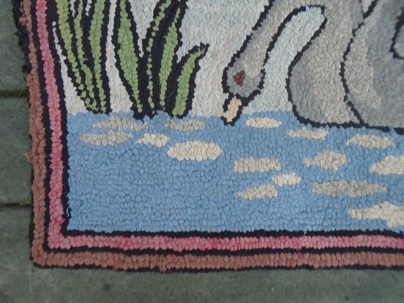 Vintage Folk Art Two Swans on Pond Hooked Rug 23" x 34 " gallery