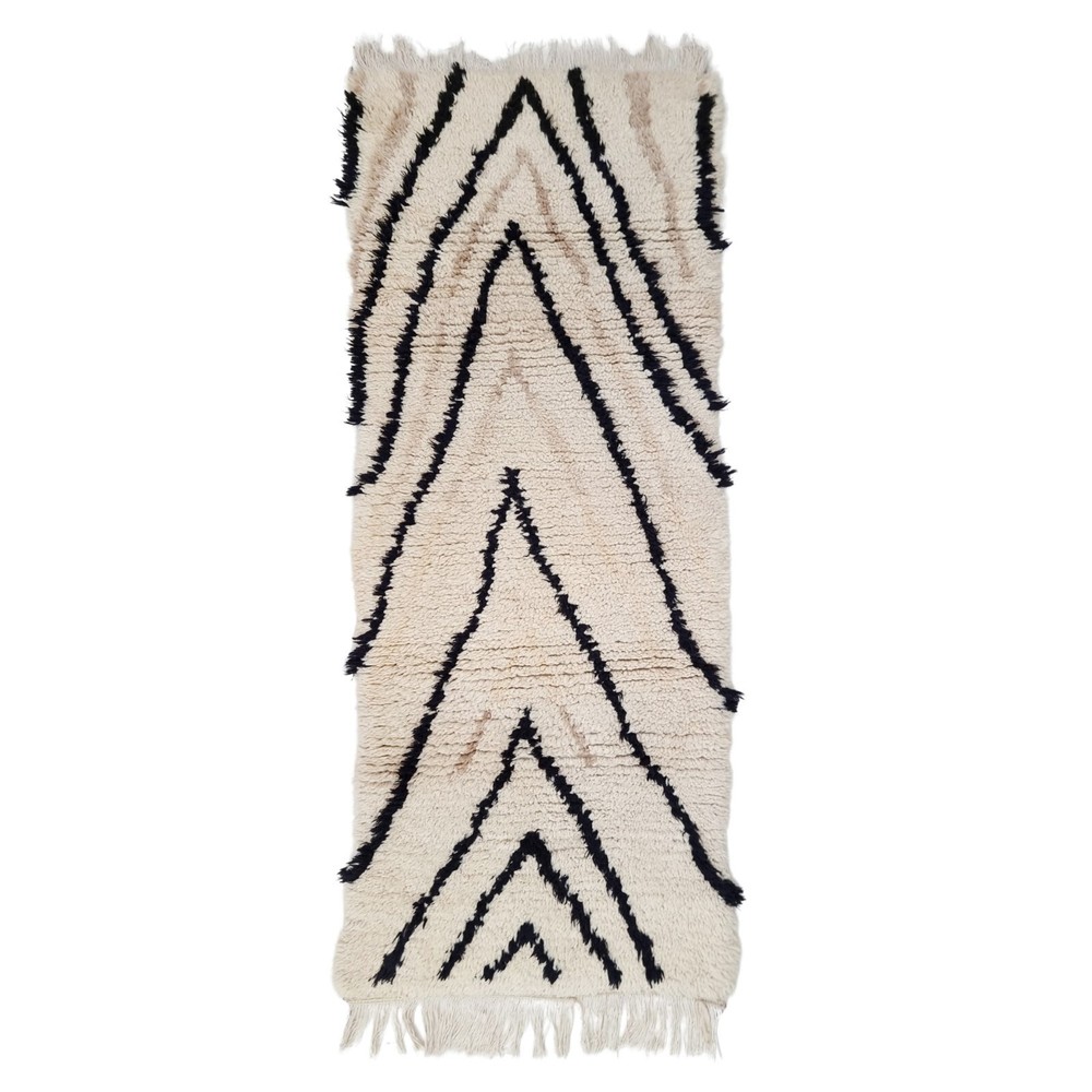 Moroccan Handmade Vintage Rug 2'1x5'3 Berber Striped Beige Black Wool Area Rug