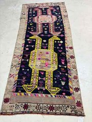Oriental Hand-Knotted Wool Runner Turkish Oushak Navy Blue/Ivory/Pink 4′ x 8’3″