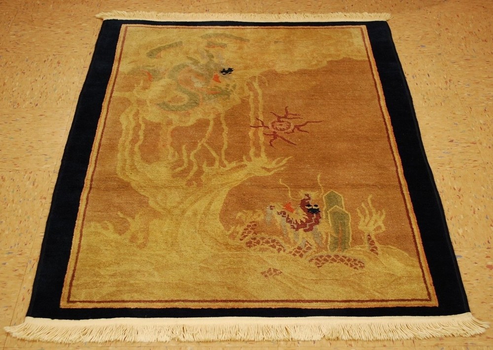 Pre 1900s ANTIQUE FIVE CLAWED CHINESE SEA and CLOUD FIGHTING DRAGON RUG 3.5x4.7