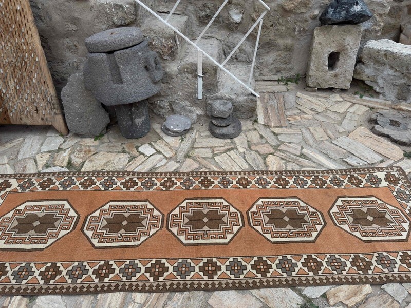 Hand-Knotted Turkish Area Runner 3x10 Pale Orange Wool Geometric Hallway Carpet gallery