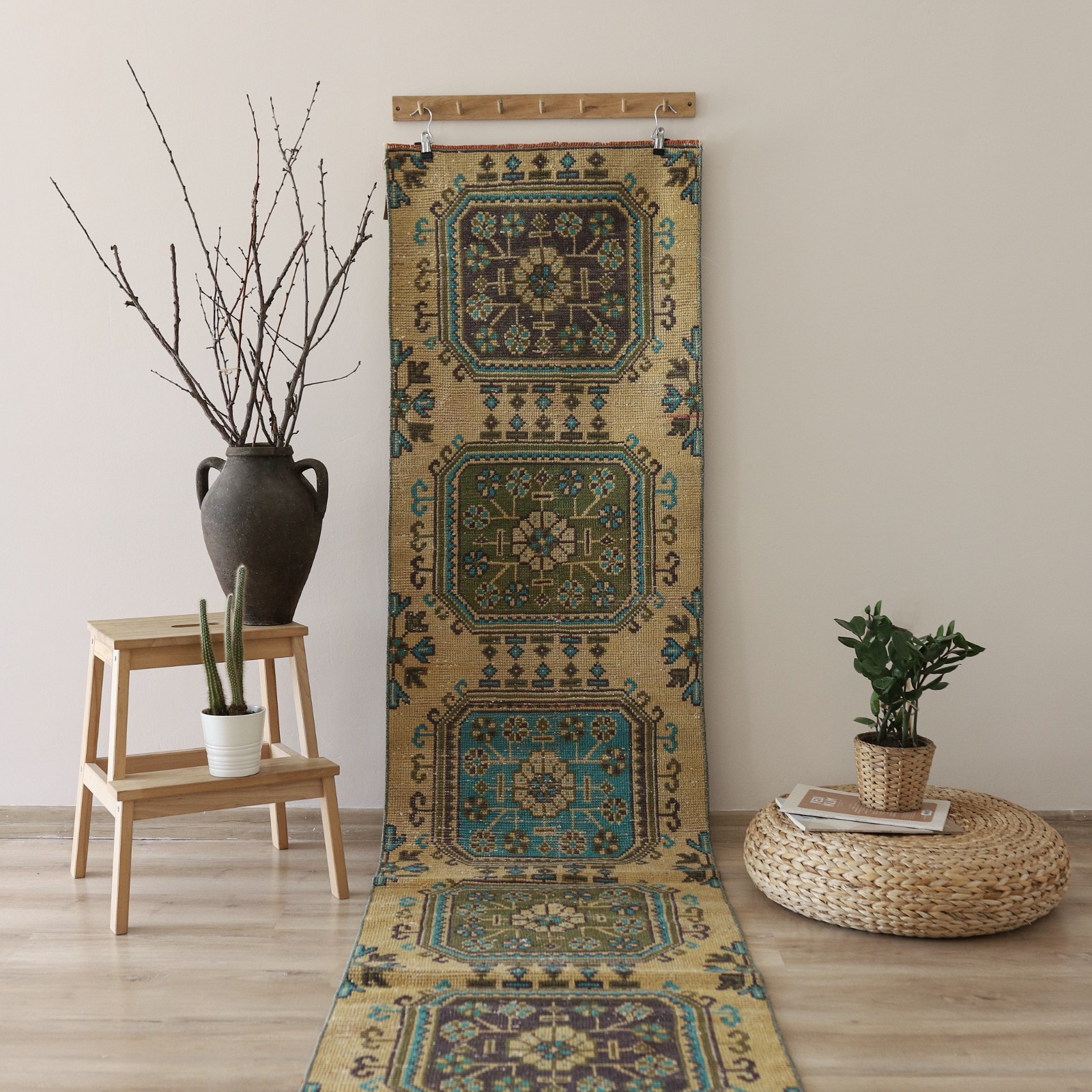 2x9 ft Vintage Turkish Runner Rug Hand Knotted Muted Brown Oushak Runner gallery