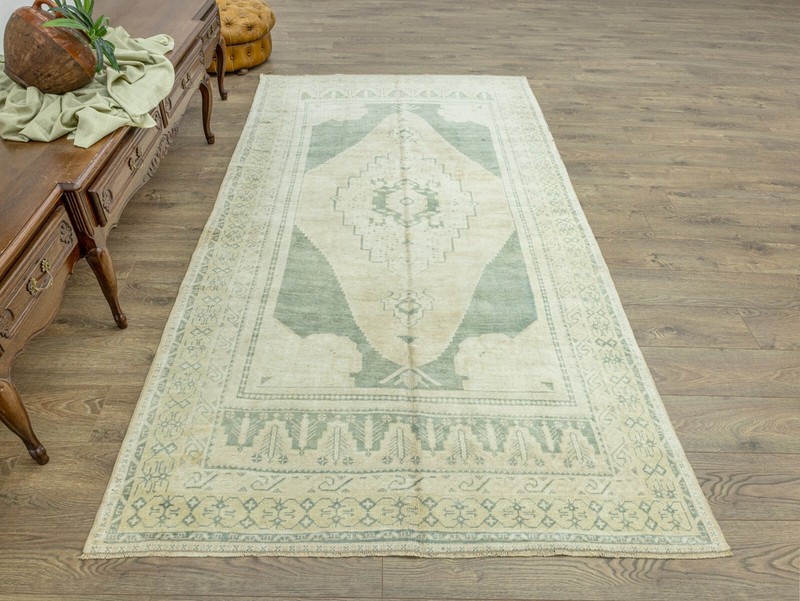 5x9 Vintage Turkish Oushak Runner Rug – Wool Sage Ivory Organic Modern gallery
