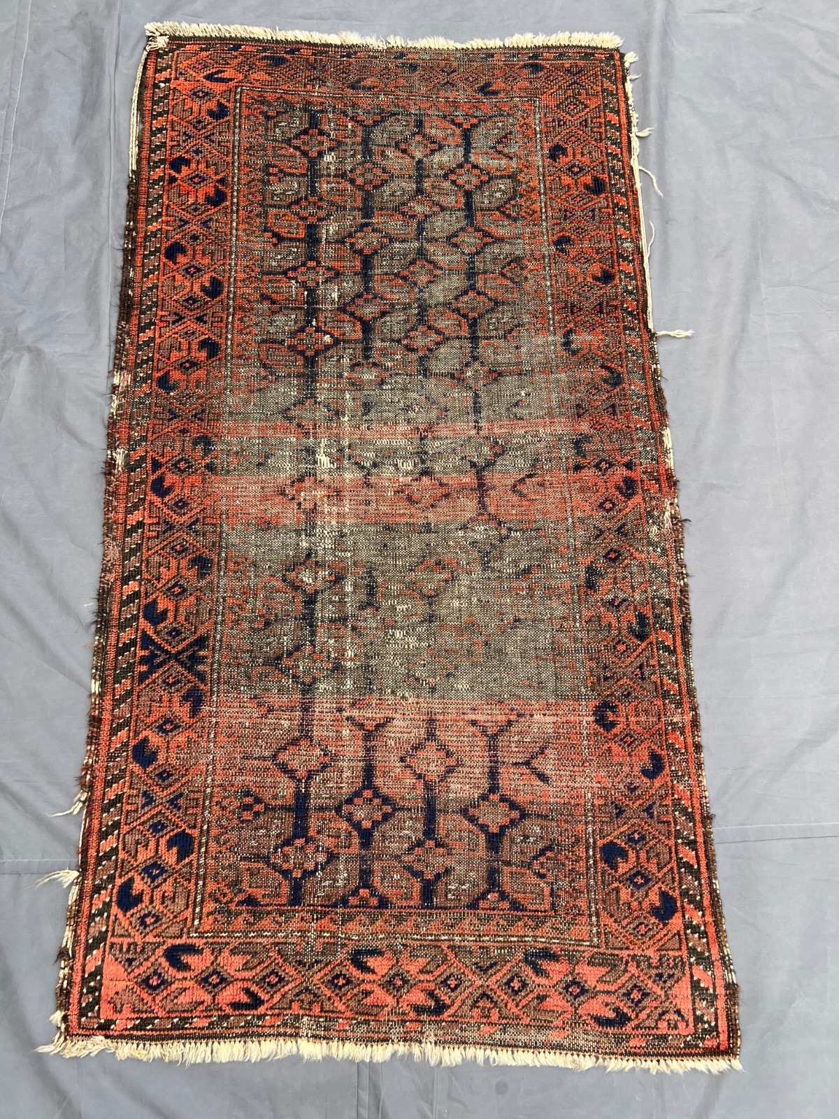 Orange Black Distressed Low Pile Rug 3x5 ft Handwoven Tribal Vintage Carpet gallery