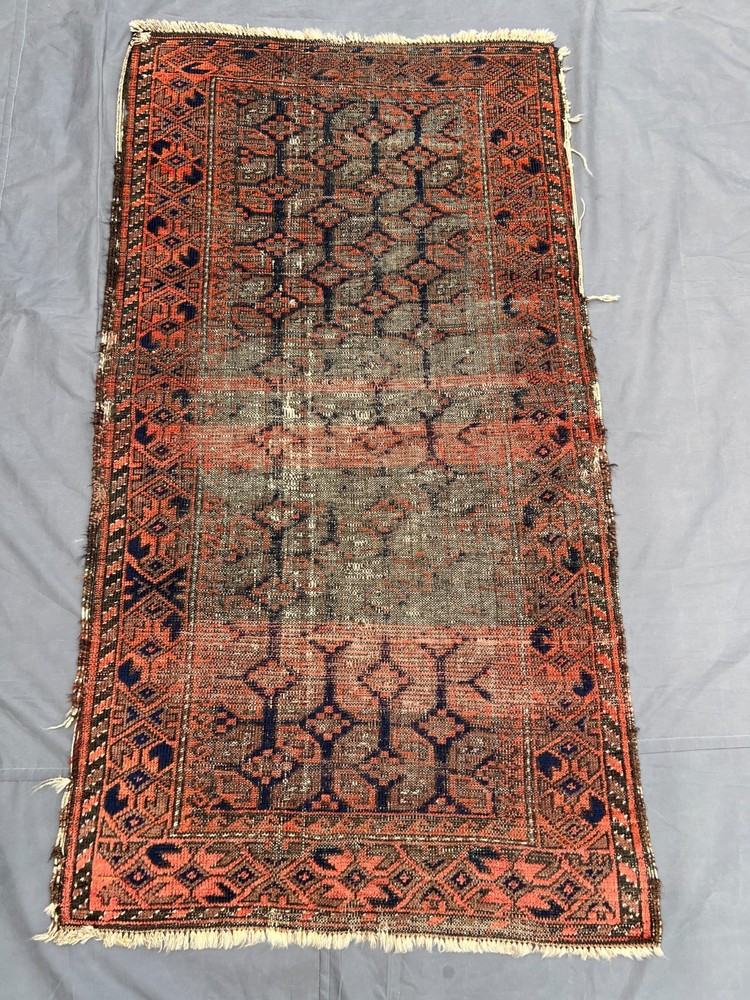Orange Black Distressed Low Pile Rug 3x5 ft Handwoven Tribal Vintage Carpet