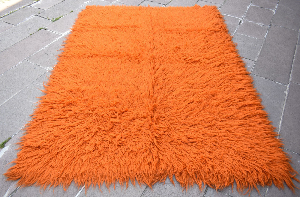 Vintage Turkish Shaggy Rug 62'' x 87'' Anatolian Long Pile Tulu Orange Wool Rug