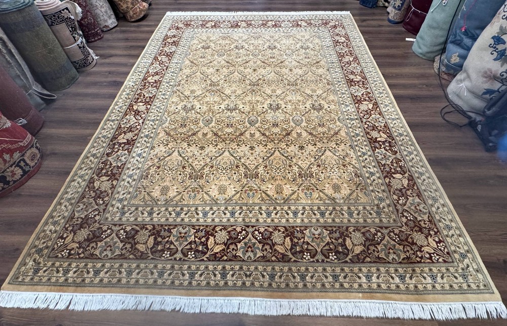 Fine Pak Per'sian Rug 9x12, Gold and Wine Red, Panel Design, 330 KPSI