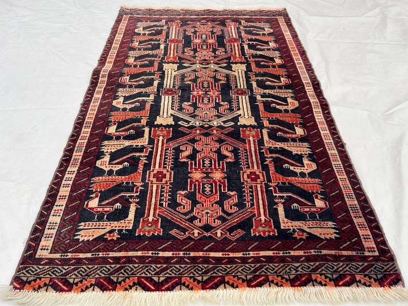 COLLECTORS' ITEM Vintage Stunning Peacock Shikargah Pictorial Tribal Belouch Rug gallery