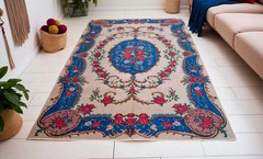 Vintage 1970s Hand-Woven Turkish Anatolian Low Pile Wool Rug 5’11″x9’3″ | Floral